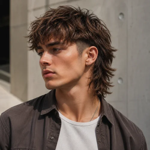 Handsome young man with a tapered wolf cut hairstyle featuring textured layers, feathered fringe, and neatly tapered sides.