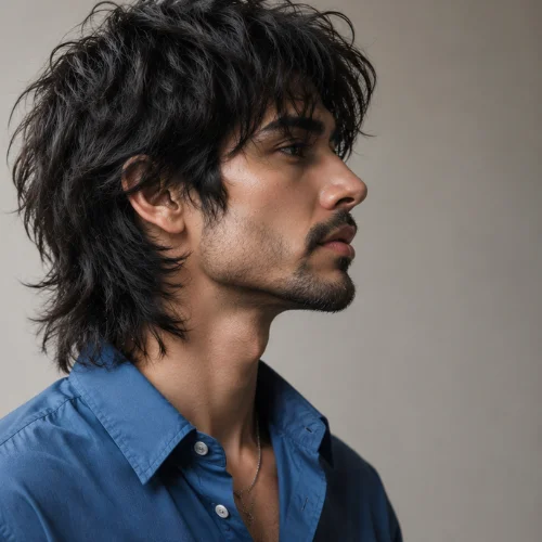 Textured Wolf Cut Men hairstyle featuring a mature male model wearing a blue shirt in a right-side profile with layered textured hair.