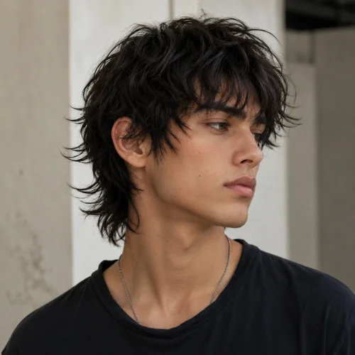 Male textured wolf cut hairstyle with layered hair and natural volume