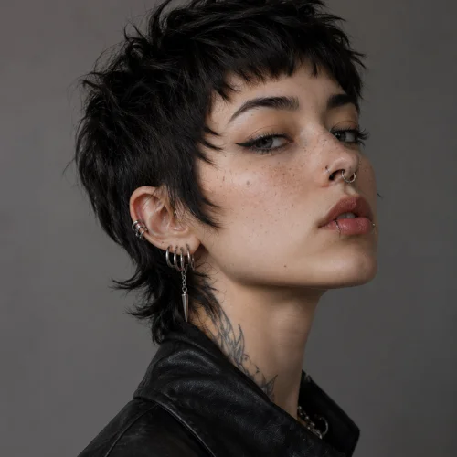 Alt Text: A unique and stylish very short wolf cut hairstyle for women featuring textured layers, soft bangs, and a modern edgy look.