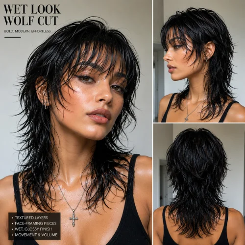 Wet look wolf cut hairstyle for women featuring glossy textured layers and a sleek modern finish.