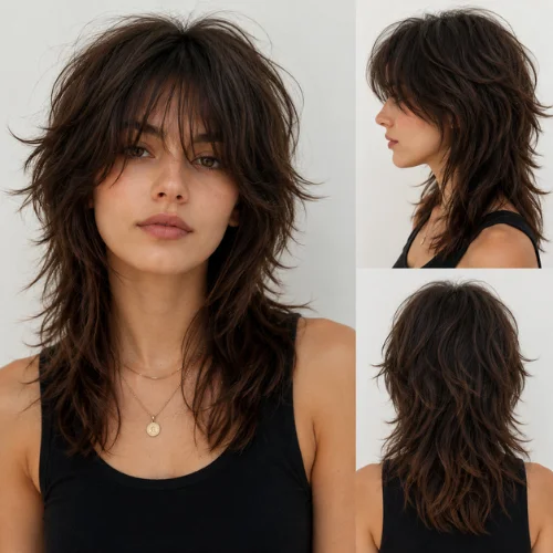 Woman with a modern wolf cut hairstyle showing textured layers and curtain bangs