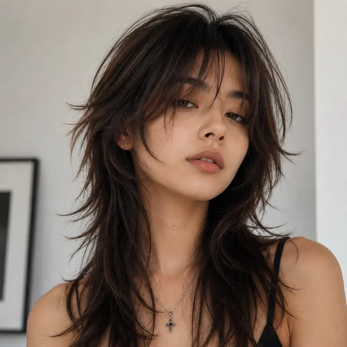 Wispy wolf cut women hairstyle with airy layers and wispy bangs
