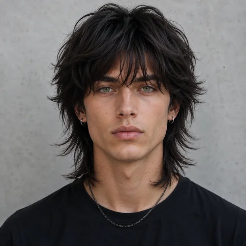 ritish man with green eyes wearing a Wolf Cut with textured bangs in a front-facing pose