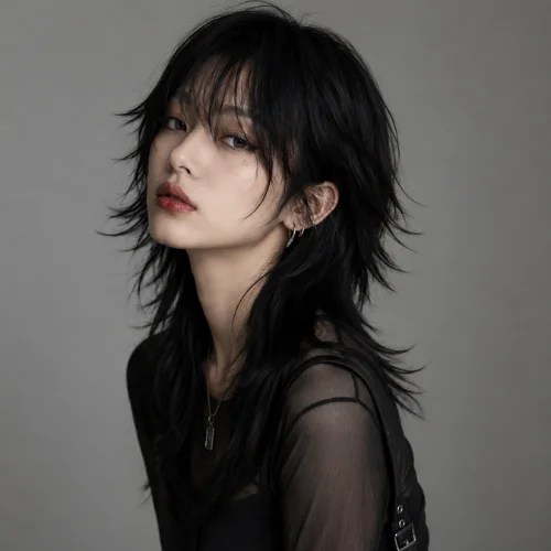 Woman with a black wolf cut hairstyle featuring textured layers and soft curtain bangs