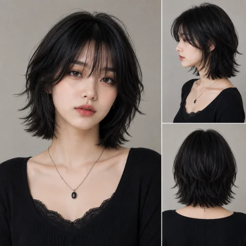 Woman with a wolf cut bob hairstyle featuring layered short hair and wispy bangs