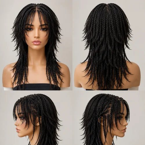 Woman with wolf cut braids hairstyle featuring layered braided hair and textured bangs