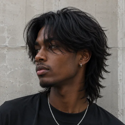 Black man with a Wolf Cut featuring curtain bangs and textured layered hair