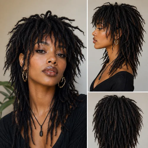 Beautiful Black woman with a stylish wolf cut dreads hairstyle featuring layered dreadlocks, textured bangs, and a modern edgy look.