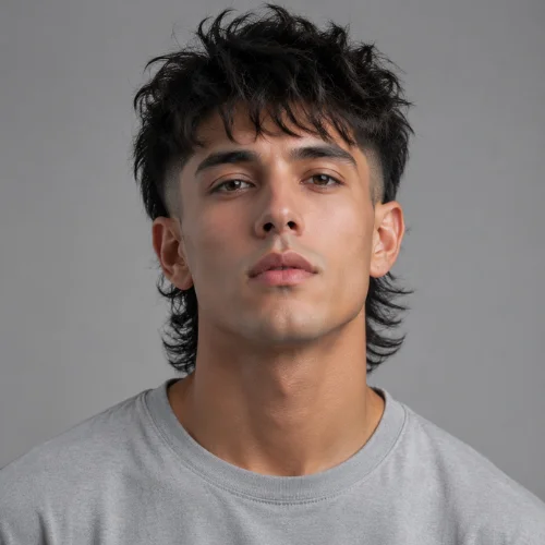 Wolf Cut Fade Men hairstyle male model wearing a gray shirt in a front-facing pose with a textured wolf cut and clean fade.