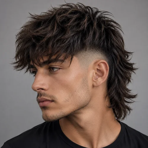 Handsome young man with a modern wolf cut fade hairstyle featuring textured layers, a low skin fade, and a tapered mullet-inspired back.