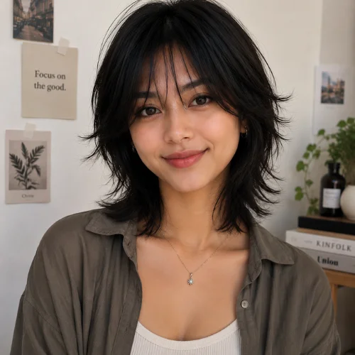 Smiling Southeast Asian woman with a short aesthetic wolf cut hairstyle wearing a dark blue top