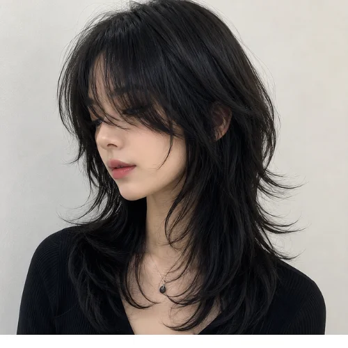 Young woman with a modern wolf cut haircut featuring soft layered hair and curtain bangs