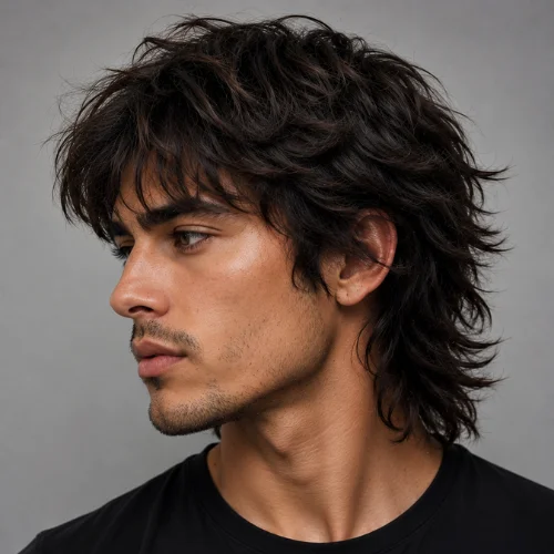 Handsome Hispanic man with a modern Wolf Cut Hombre hairstyle featuring textured layers, curtain bangs, and a tapered back.