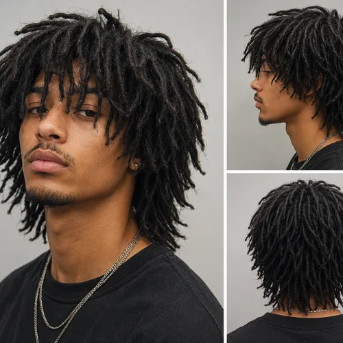 Young man with a stylish wolf cut locs hairstyle featuring layered dreadlocks and textured volume in a modern studio portrait.