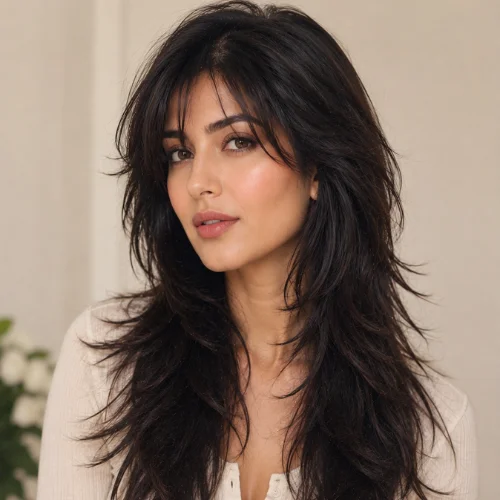 Young woman with a long wolf cut hairstyle featuring layered hair, curtain bangs, and natural volume