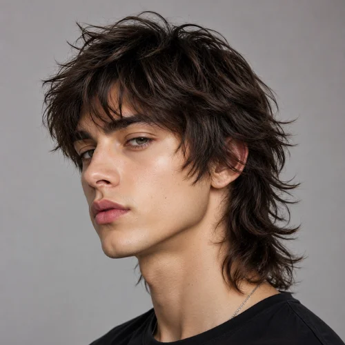 Handsome young man with a modern Wolf Cut Mark hairstyle featuring textured layers, feathered bangs, and a tapered back.