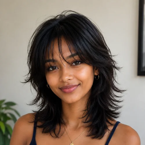 South African woman with a medium-length wolf cut hairstyle featuring soft layered hair and curtain bangs