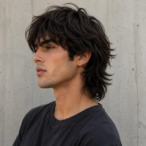 Young man with a modern wolf cut hairstyle featuring textured layers and natural volume