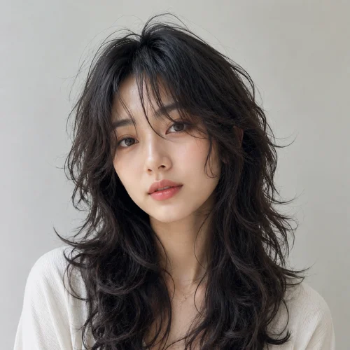 South Korean woman with a wolf cut perm featuring soft wavy layers and curtain bangs