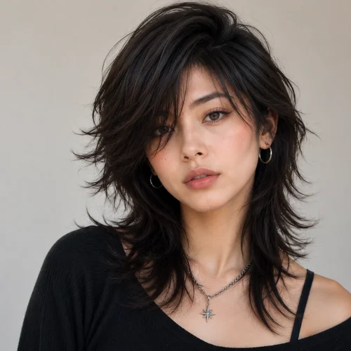 Beautiful woman with a Wolf Cut Side Part hairstyle featuring layered hair, a deep side part, and soft feathered ends.