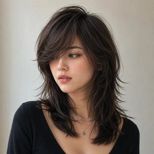 Wolf Cut with side swept bangs on a woman with soft textured layers
