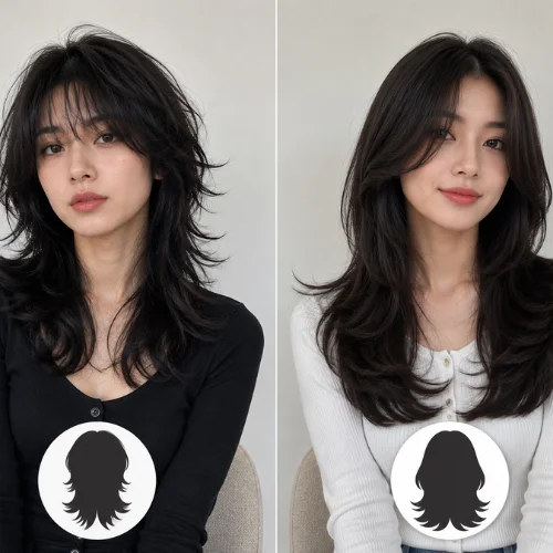 Side by side comparison of wolf cut and butterfly cut hairstyles for women