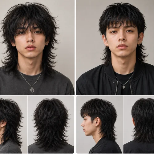 Side by side comparison of wolf cut and mullet hairstyles for men