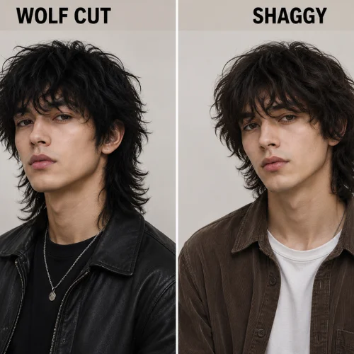 Side by side comparison of wolf cut and shaggy haircut for men
