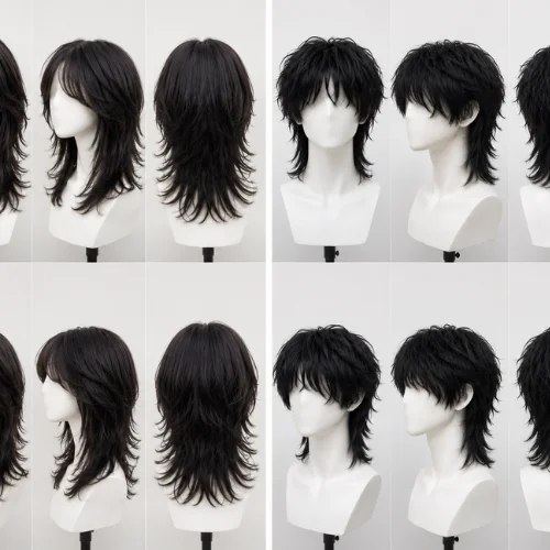 Side by side comparison of wolf cut wigs for men and women displayed on mannequin heads
