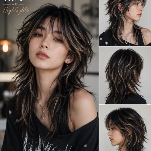 Woman with a wolf cut hairstyle featuring blonde highlights and textured layers
