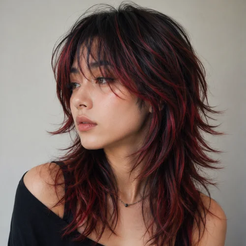 Woman with a wolf cut hairstyle featuring vibrant red highlights and layered hair