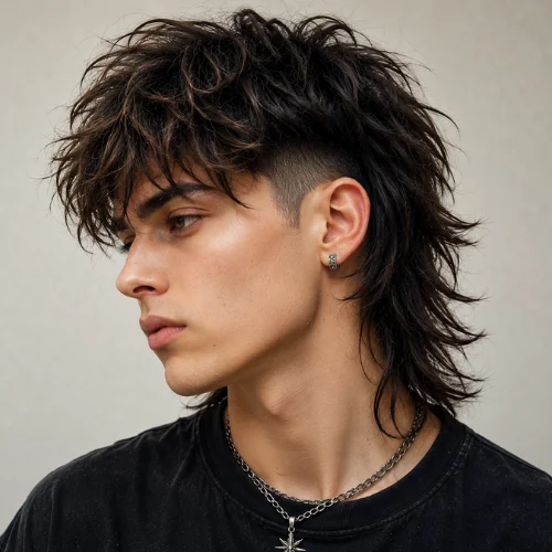Handsome young man with a wolf cut and undercut hairstyle featuring textured layers, shaved sides, and a modern edgy look.