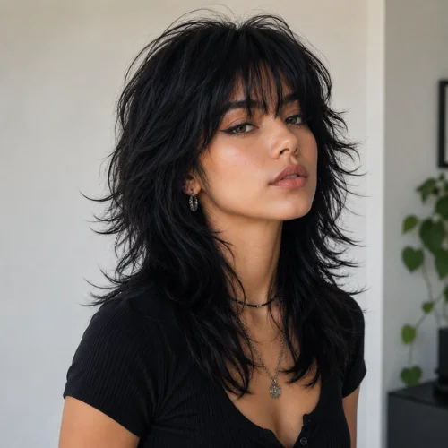 Modern wolf cut hairstyle for women with black hair featuring soft textured layers and natural-looking volume.