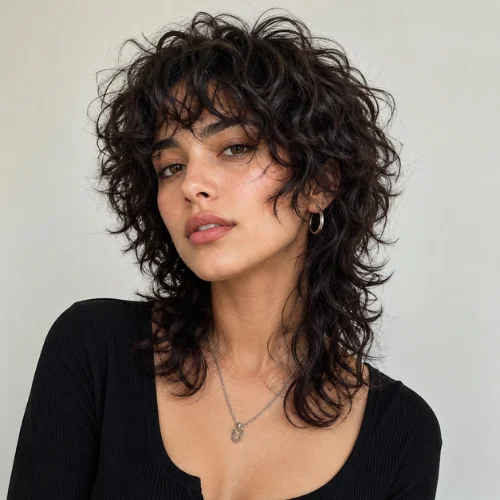 Curly wolf cut hairstyle for women featuring voluminous layers and soft textured curls