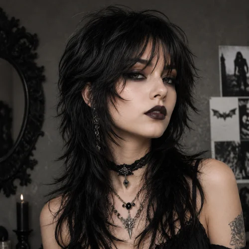 Goth woman with a black wolf cut hairstyle featuring choppy layers and dark makeup