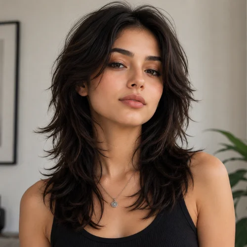 Wolf cut women no bangs with soft layered hair and textured ends