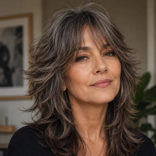Woman over 50 with a stylish wolf cut hairstyle featuring soft layered gray hair