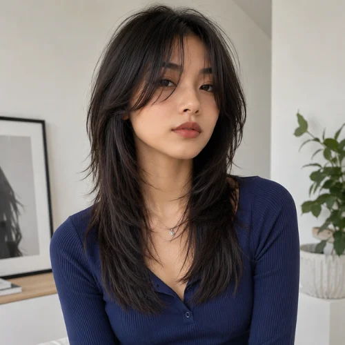 Wolf cut women straight hair with soft layers and curtain bangs