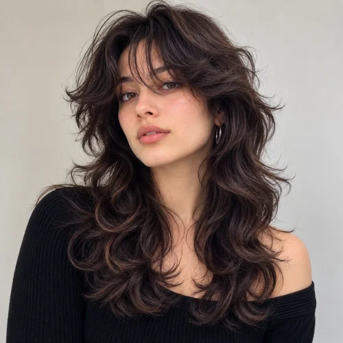Women's wavy wolf cut hairstyle featuring soft layered waves and natural volume in a modern look.
