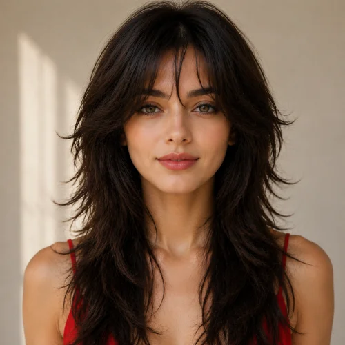 Wolf Cut Women Long Hair on a beautiful Turkish-inspired female model wearing a red dress with long layered hair, soft texture, and a front-facing pose.