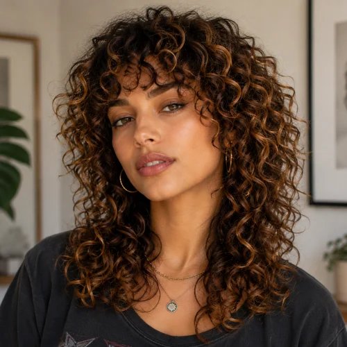 Caramel Coil Wolf Cut with Defined Curly Layers
