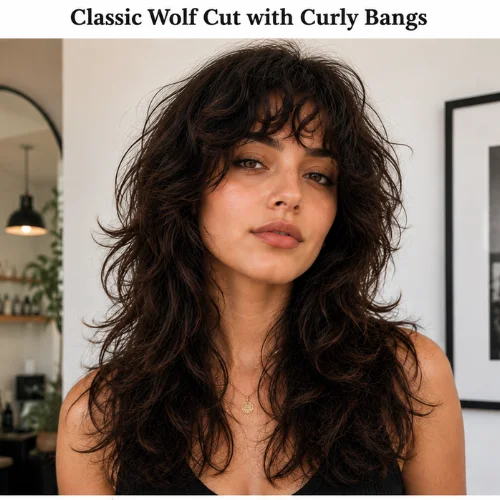 Classic wolf cut with curly bangs and layered hair