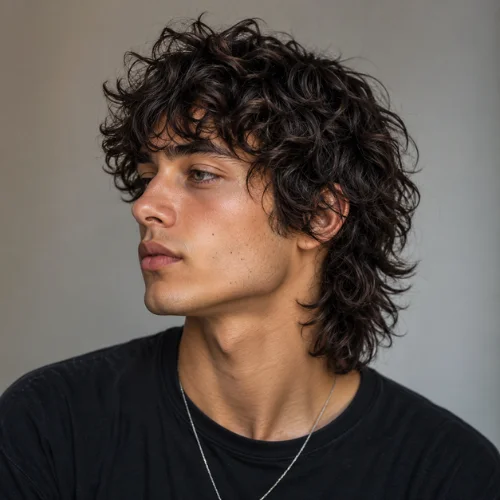 Curly wolf cut man with layered dark curls