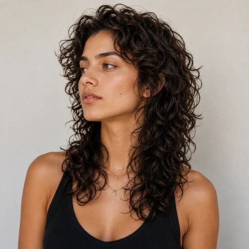 Curly wolf cut no bangs with layered natural curls