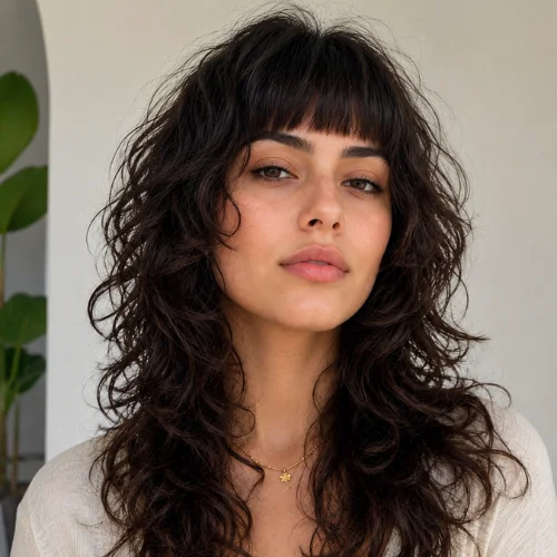 Curly wolf cut with blunt bangs and layered curly hair