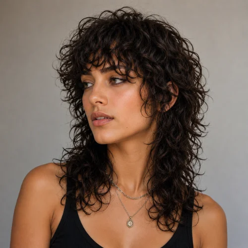 Curly wolf cut with fringe and layered curls