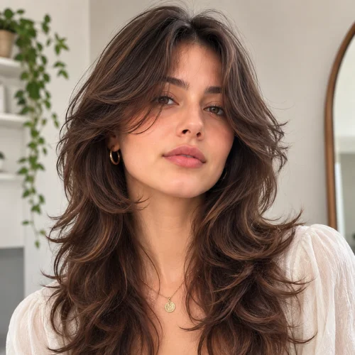 Face framing tapered wolf cut with layered hair and curtain bangs