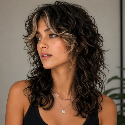 Face-framing waves on a curly wolf cut