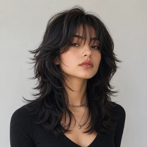 Full wolf cut with layered hair and curtain bangs